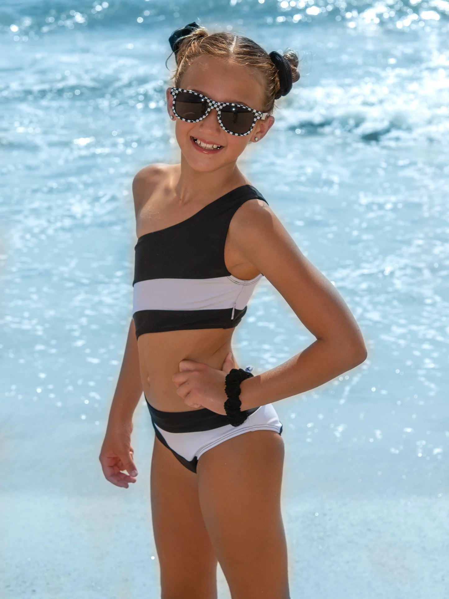 One shoulder, one side cut out on waist Black One piece
