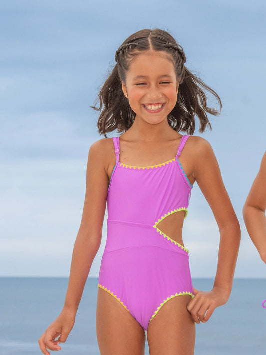 One side cut out on waist Purple One piece